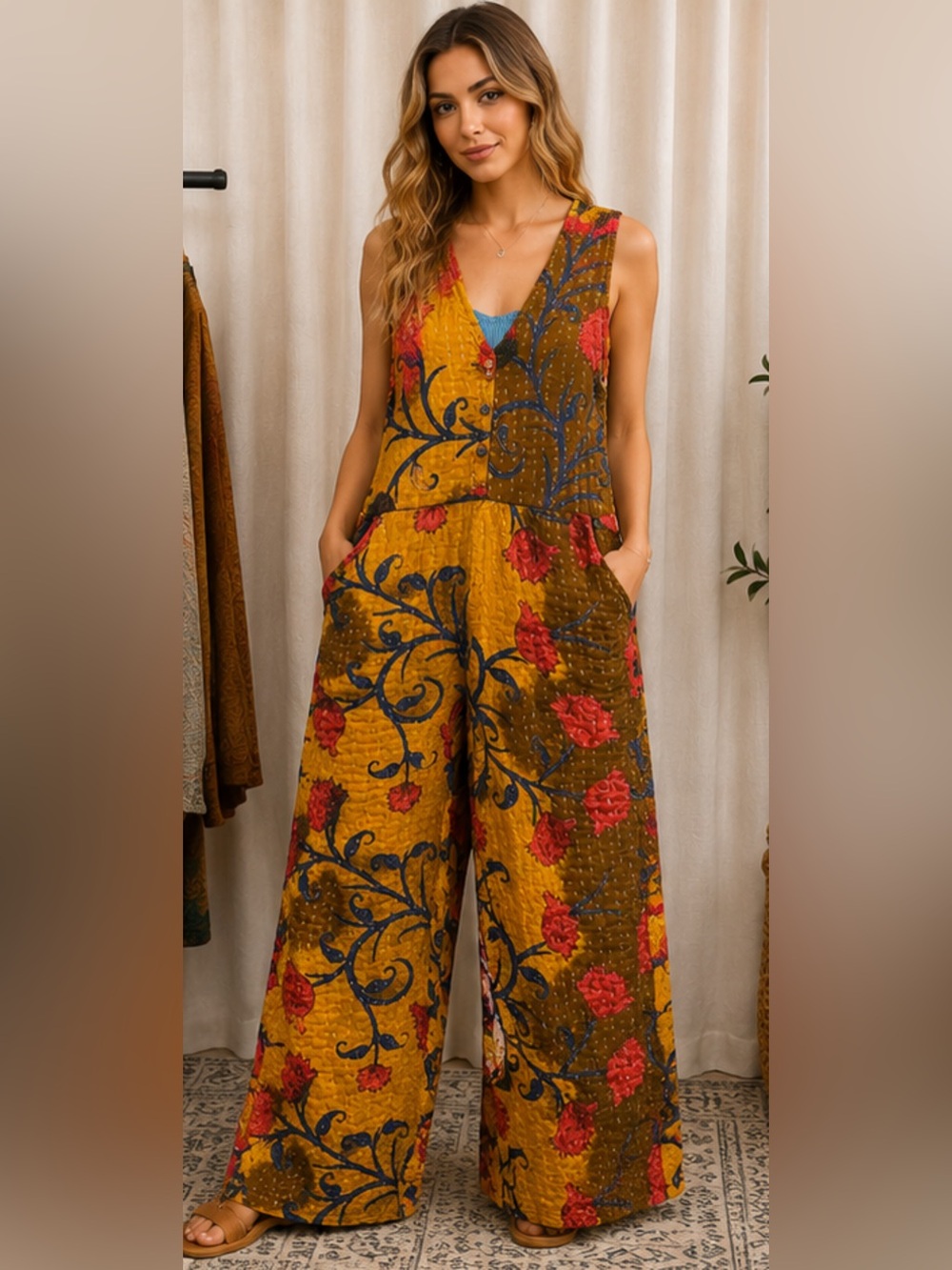 87🌟 Vintage Handmade Kantha Wide Leg Jumpsuit | Boho One Size